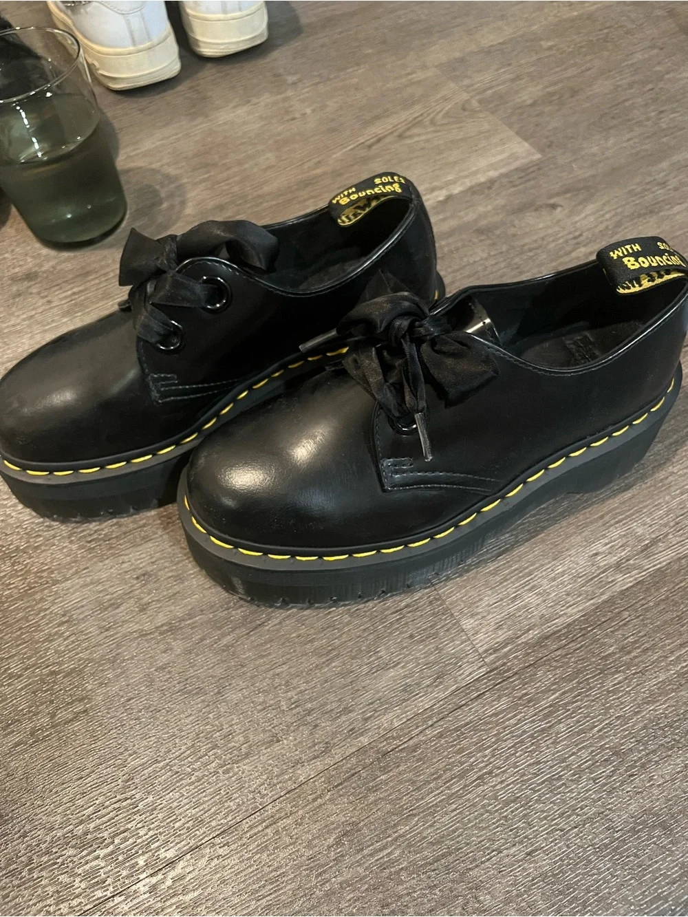 Black  Dr. Martens Holl Platform with Black ribbon Lace-Up Shoes with Yellow Sti